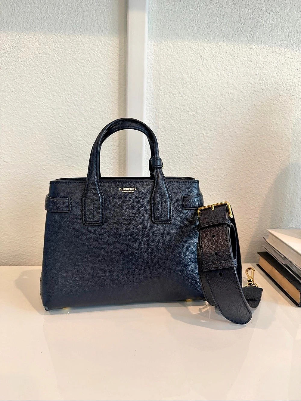 Burberry The Banner Bag Mini Navy Blue Grainy Leather Small Imperfections